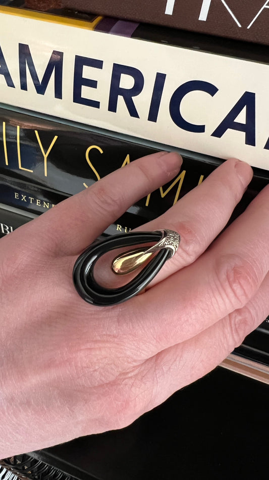 18K Onyx Teardrop and Diamond Ring