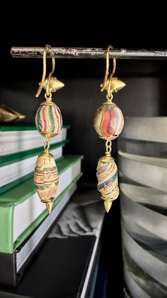 18K and Ancient Roman Bead Earrings (Multi-colored)