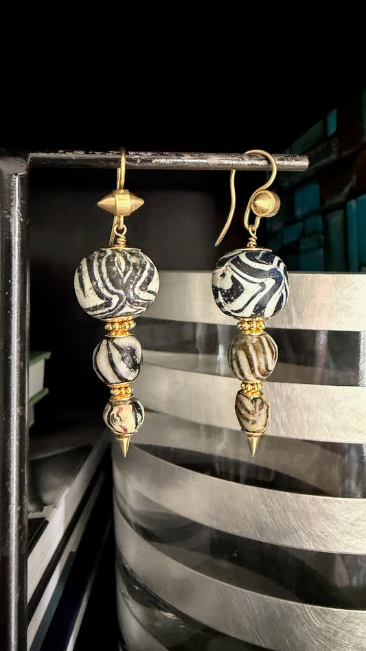 18K and Ancient Roman Bead Earrings (Black and Cream)