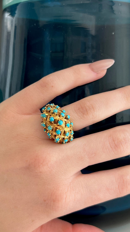 Gold Basket Weave Dome Ring with Turquoise