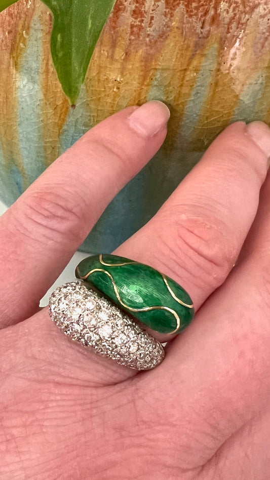 Diamond, Green Enamel, and Gold Bypass Ring