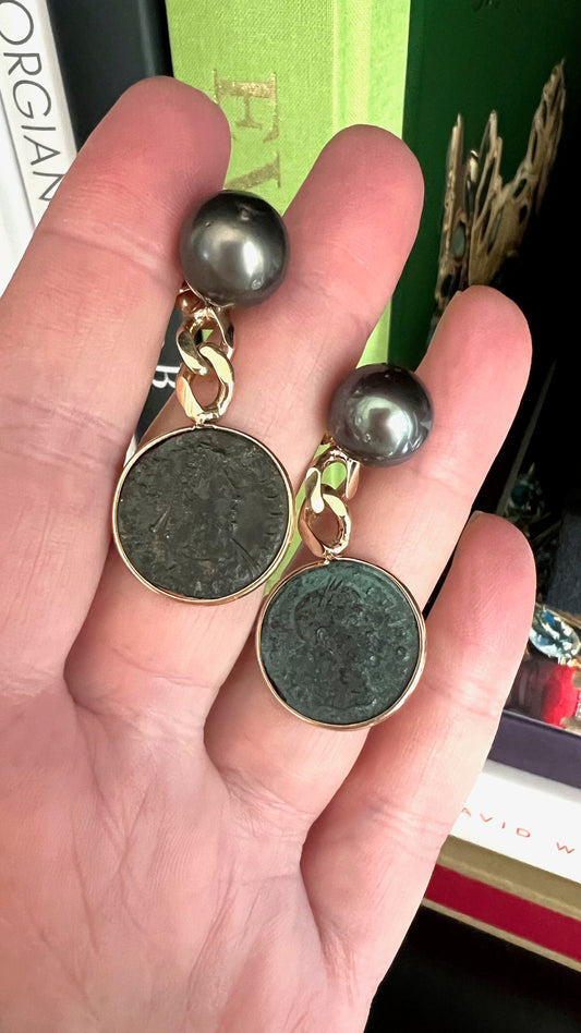 Ancient Coin and Tahitian Pearl Earrings