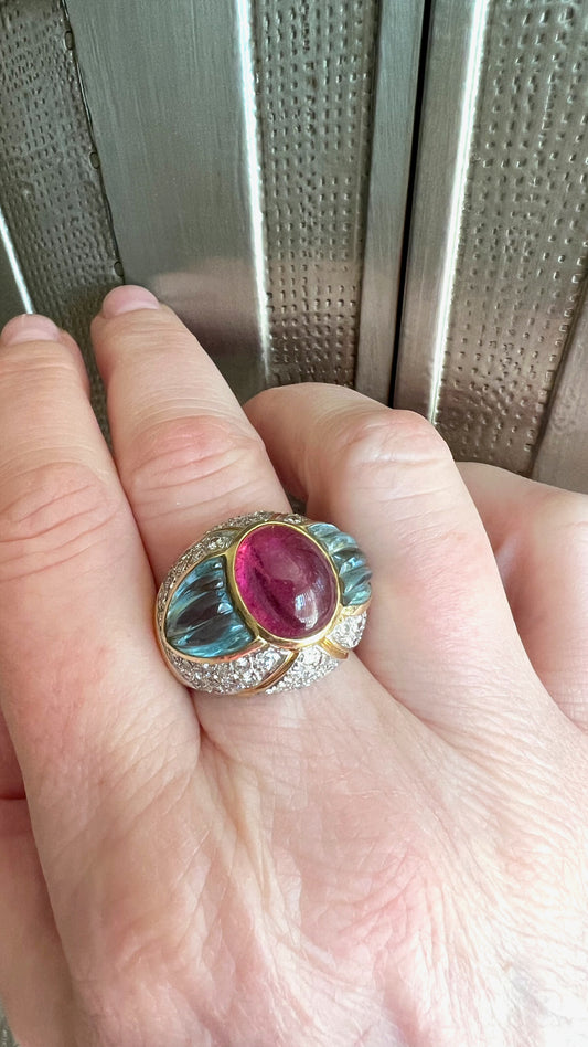 18K Pink Tourmaline, Blue Topaz, and Diamond ring