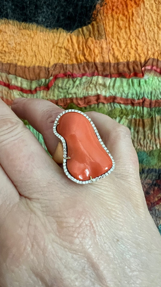 Huge Coral and Diamond Ring