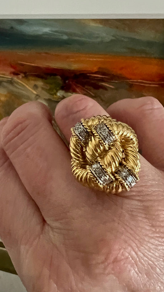 Ribbed Gold and Diamond Knot Ring