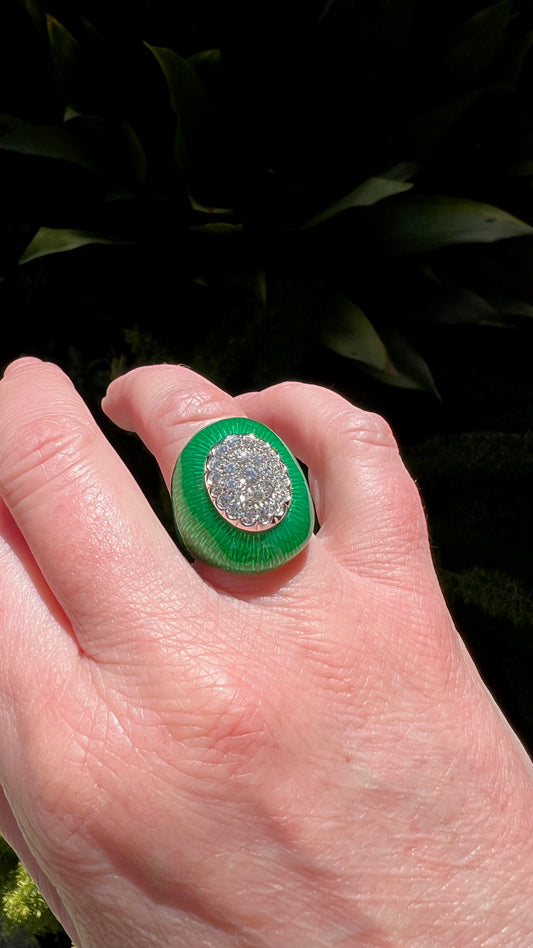 Green Enamel and Diamond Cocktail Ring