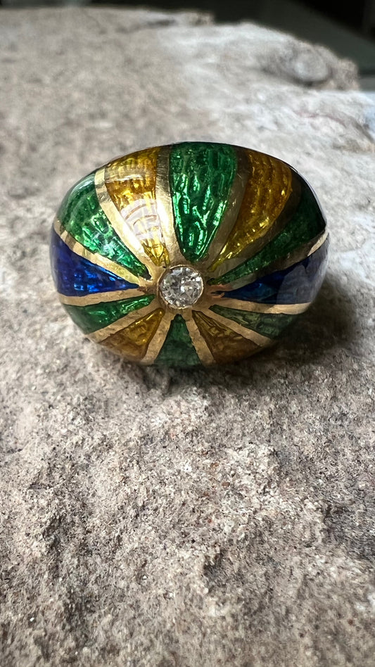 Tri-Color Enamel, Diamond, and Gold Dome Ring