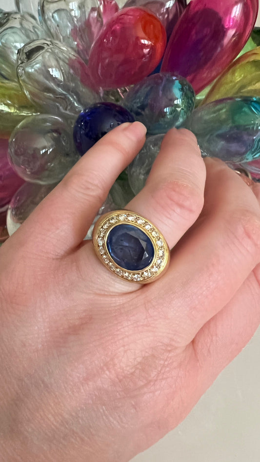 Sapphire, Diamond, and Gold Signet Ring
