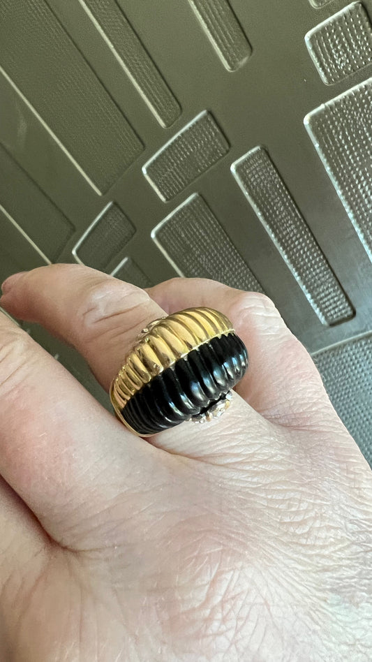Onyx and Gold Ribbed Dome Ring with Diamonds