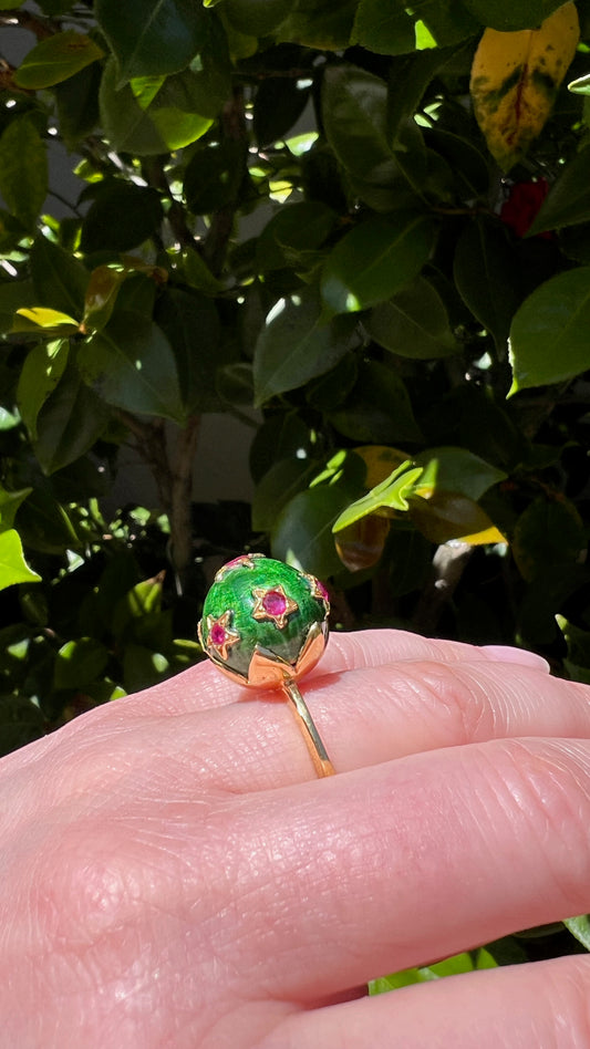 18K Green Enamel and Ruby Ball Ring