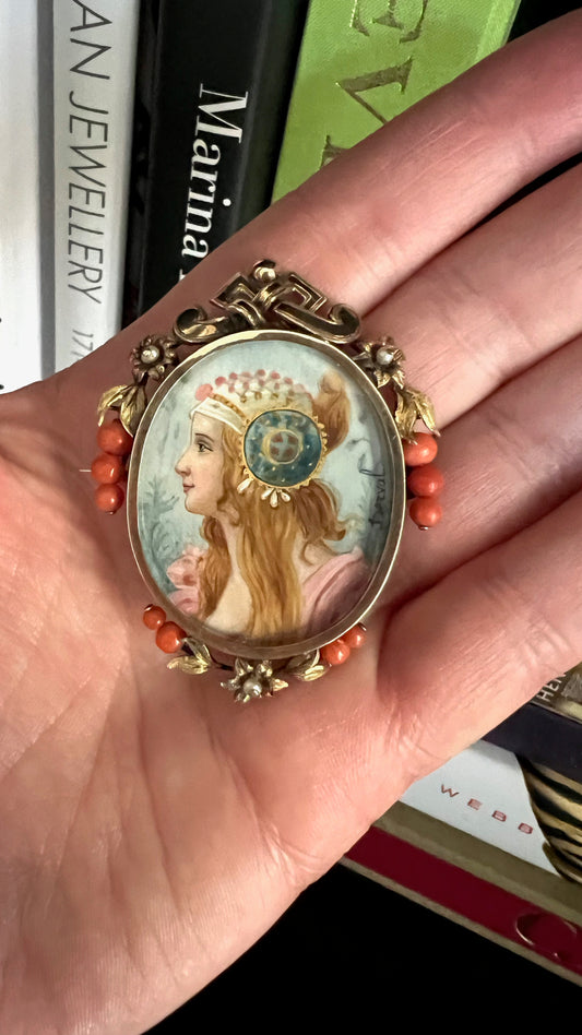 Antique Painted Porcelain Brooch with Coral