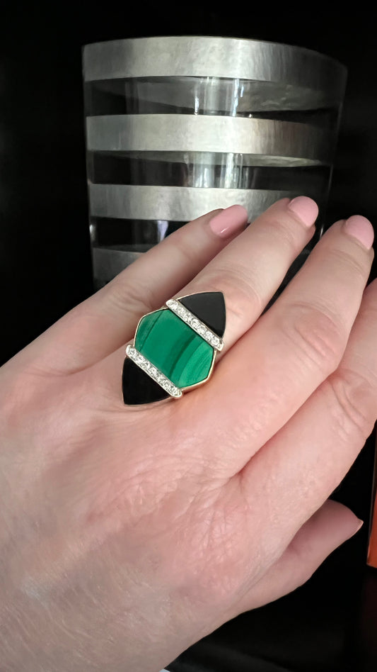 Vintage Malachite, Onyx, and Diamond Ring