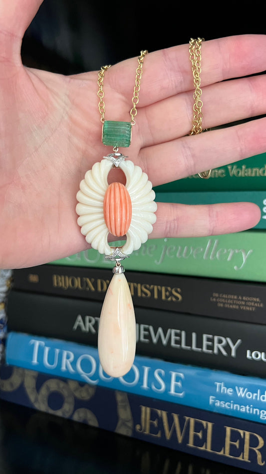 14K Coral and Emerald Necklace