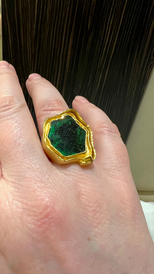 18K Dioptase and Brown Diamond Ring