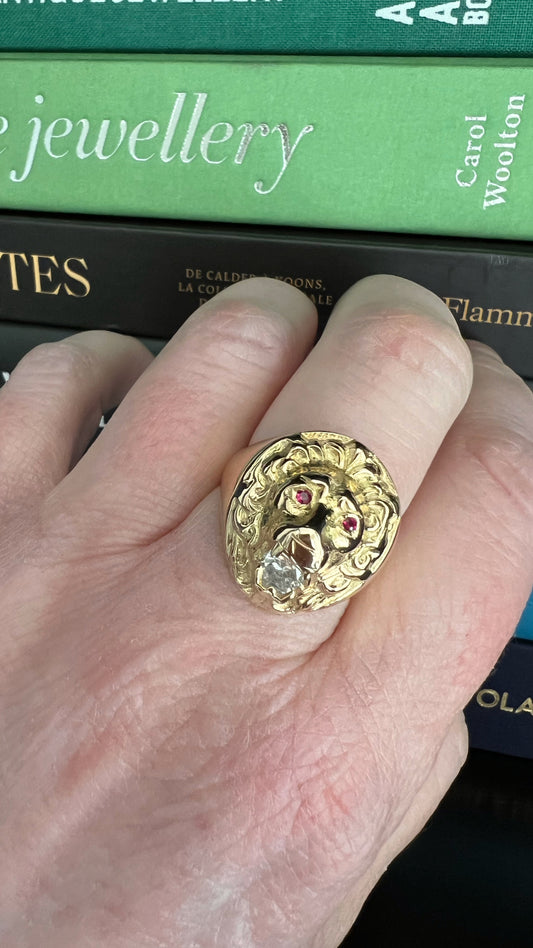 14K Lion Ring with Diamond and Rubies